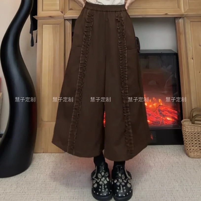 HZ“私服裤”新款斜纹棉纯色拼接木耳边复古感柔软显瘦百搭休闲长裤