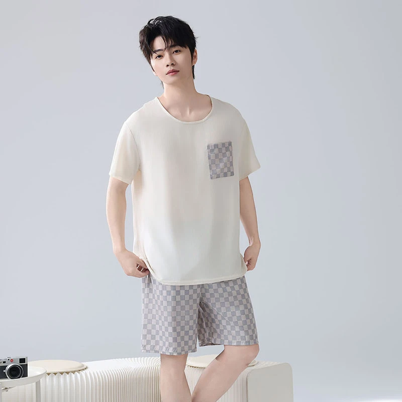 棉绸睡衣男生夏季薄款短袖短裤人造绵套装中年爸爸新款休闲家居服