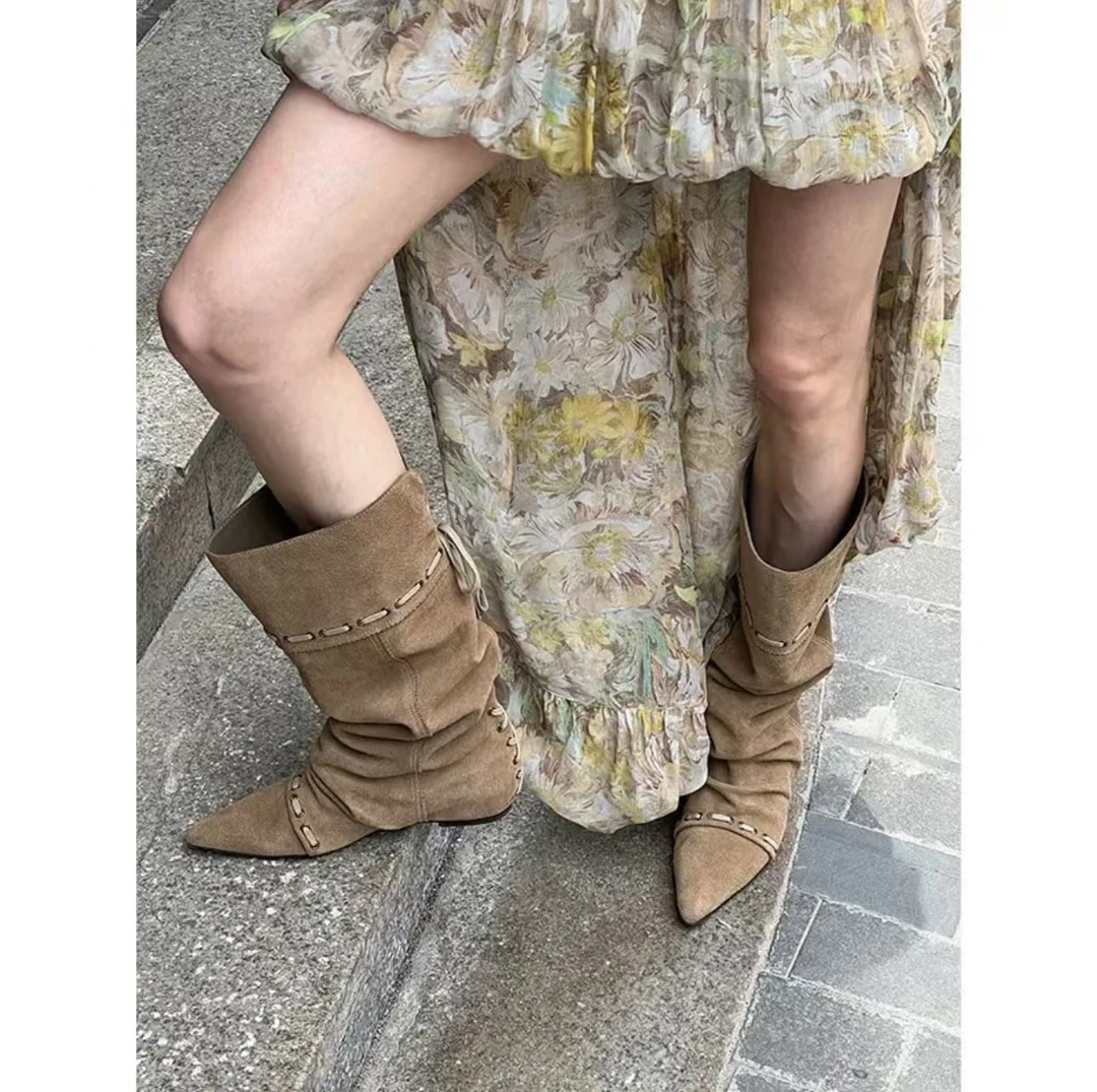 辣妹流浪感!复古绒面尖头内增高堆堆靴女秋冬多穿长筒靴