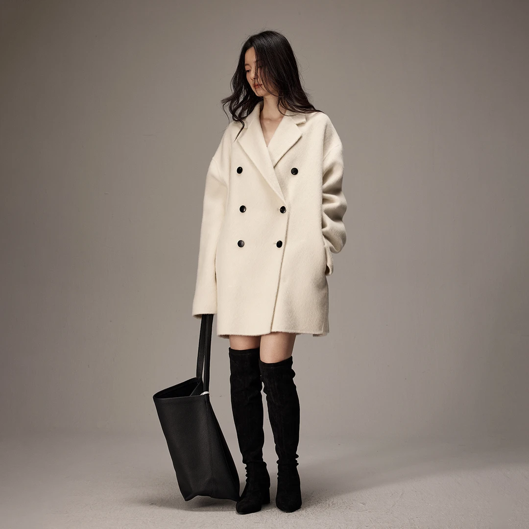 INOUTHRQ新款经典双排扣中长款双面驼绒大衣女廓形羊毛外套冬季