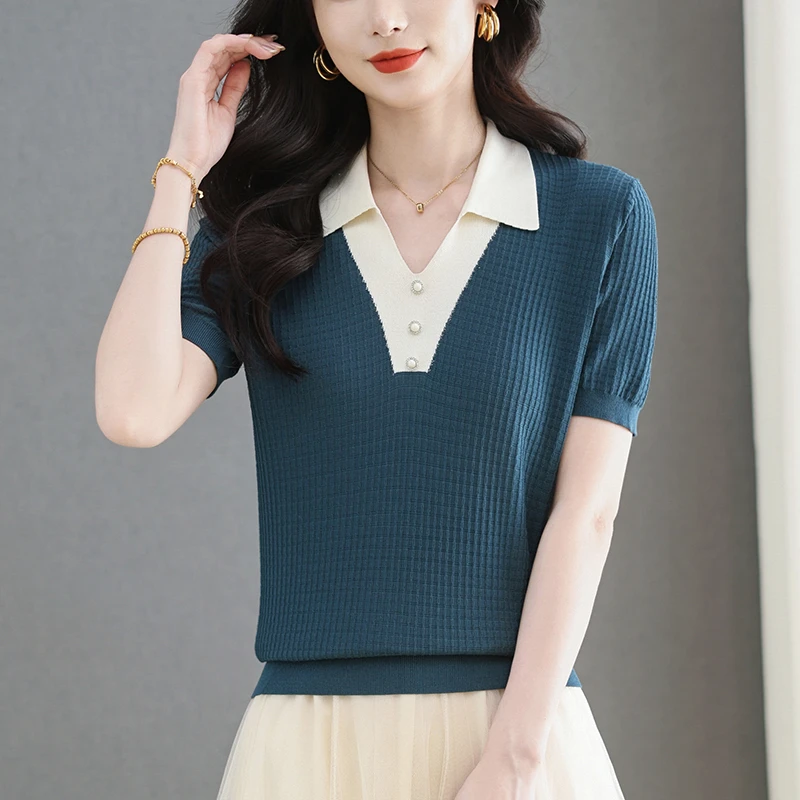 时尚格子短袖t恤翻领撞色别致上衣好看百搭休闲冰丝小衫夏季薄款