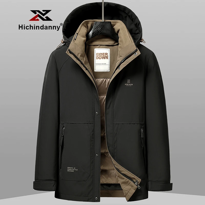 HICHIN冬季新款羽绒服男休闲连帽可脱卸内胆白鸭绒户外冲锋衣外套