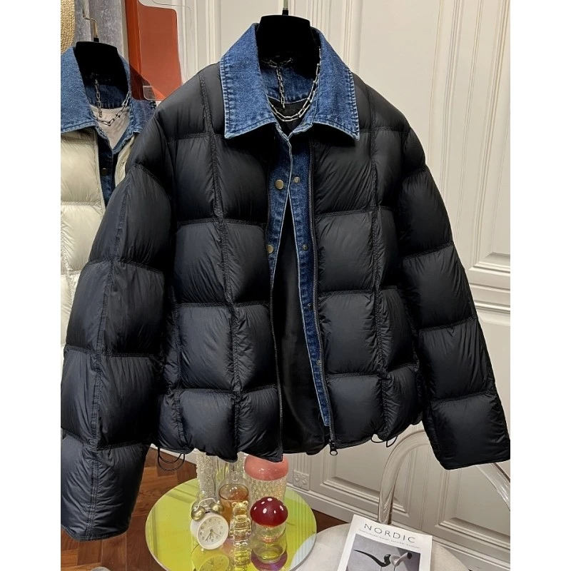 K04025牛仔拼接领子简约棉衣棉服外套女冬季假两件加厚保暖面包服