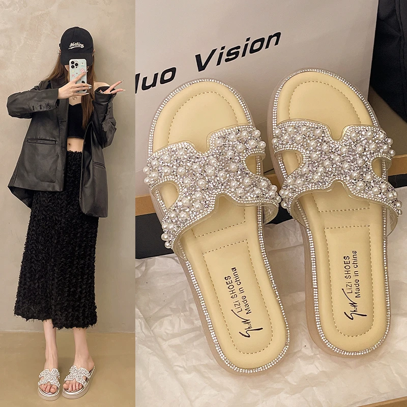 法式绝美水钻凉拖鞋女外穿2025夏季新款配裙子凉鞋平底沙滩一字拖