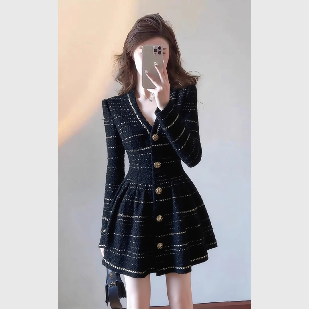 时尚高级法式小香风裙子法式御姐气质掐腰黑色小香风连衣裙女冬季