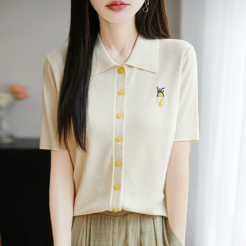 莱赛尔天丝~夏季女士薄款翻领刺绣针织开衫短袖百搭外穿527