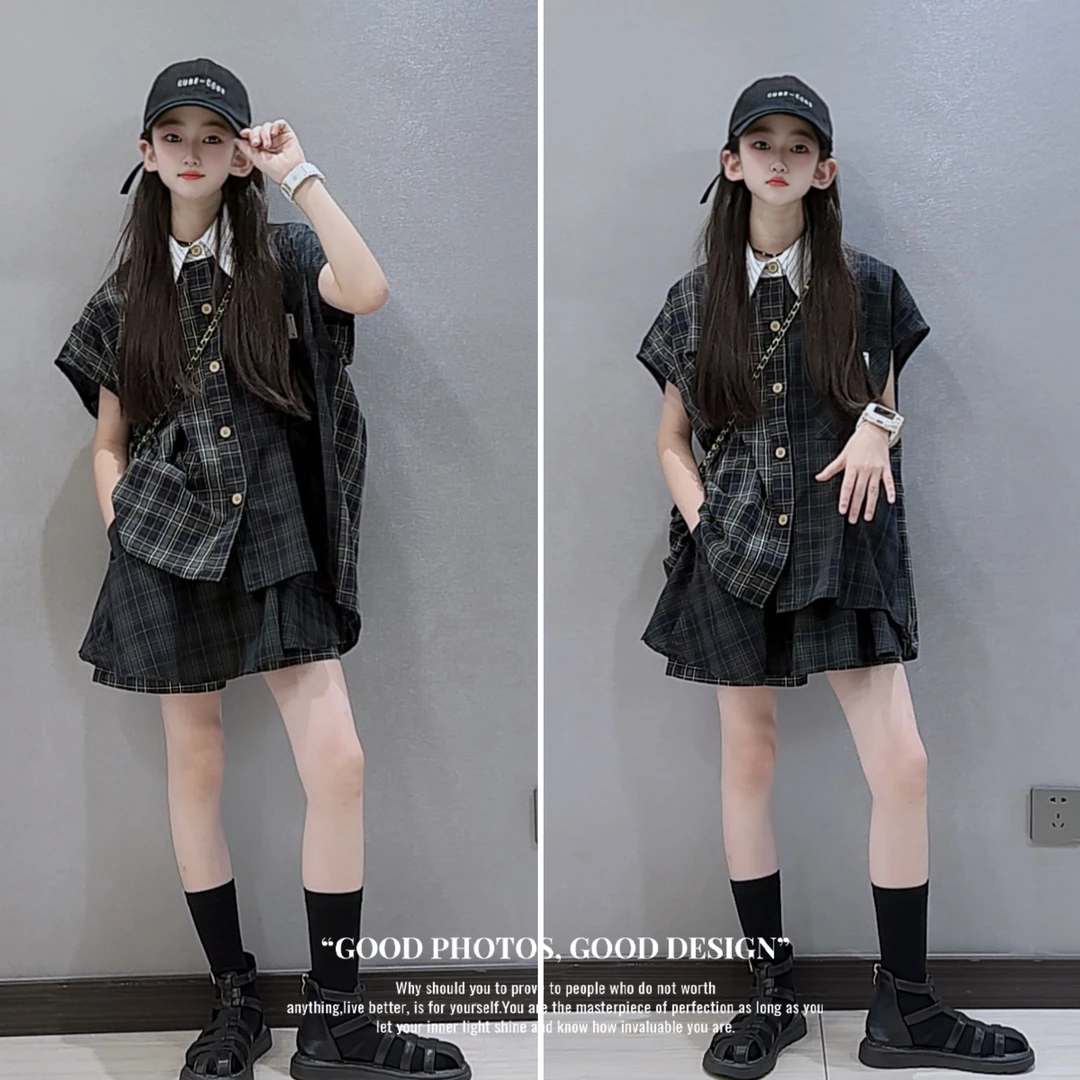 女童夏季套装2025新款儿童洋气格子衬衫牛仔短裤两件套百搭时尚