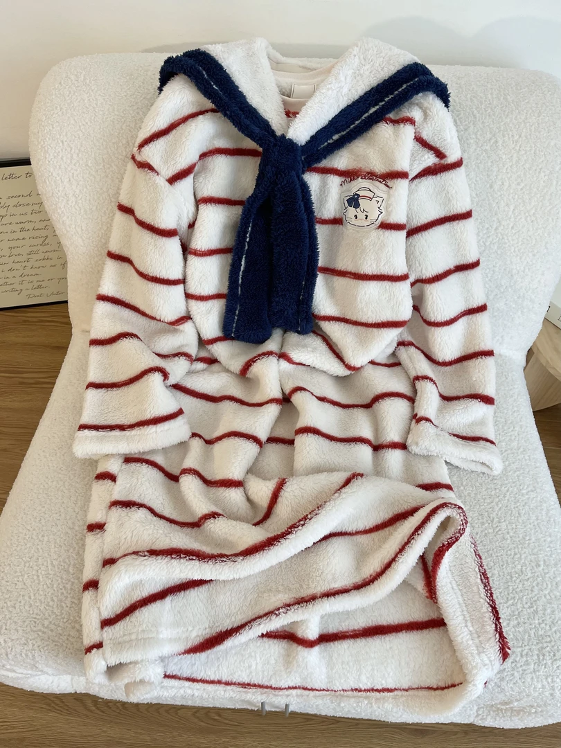 【DMXJ大梦想家】韩系可爱条纹珊瑚绒披肩睡裙女秋冬新款保暖家居服
