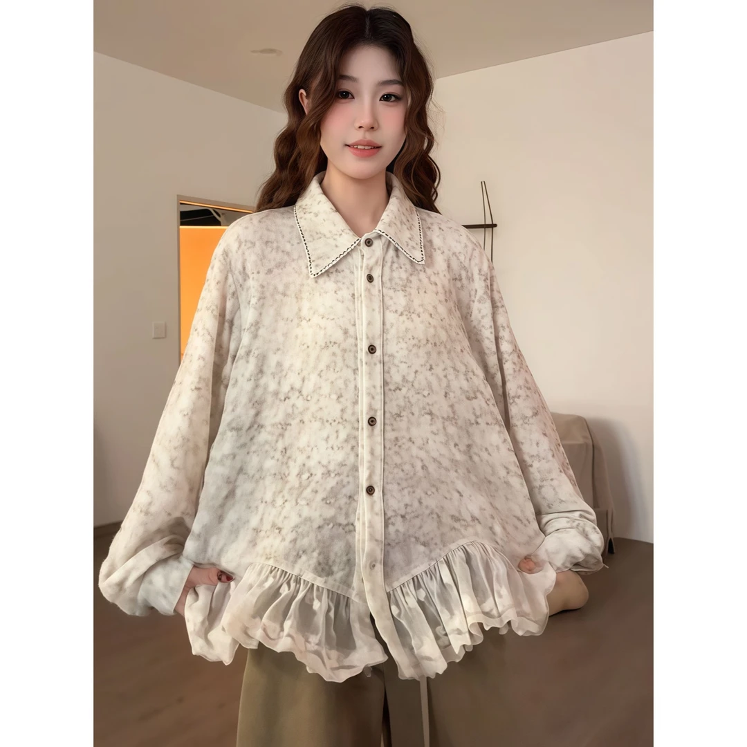 微胖小众设计感锁空蕾丝拼接翻领衬衫女秋冬内搭显瘦洋气叠穿上衣