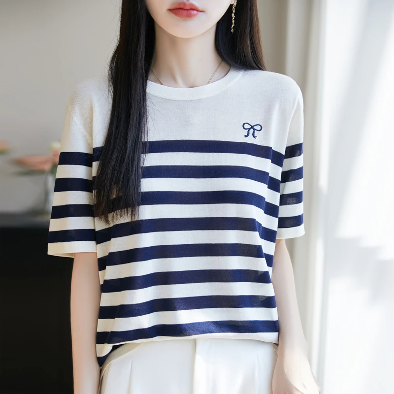 【奥莱撤柜】哥家蝴蝶结条纹短袖针织衫T恤夏季简约气质休闲上衣女