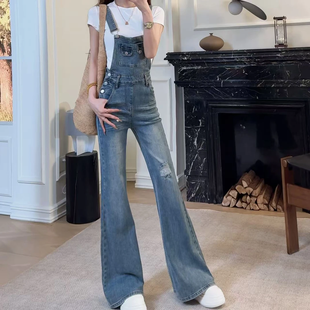 HNIH石艺2025春季新款复古高腰破洞修身显瘦HS80134牛仔背带裤