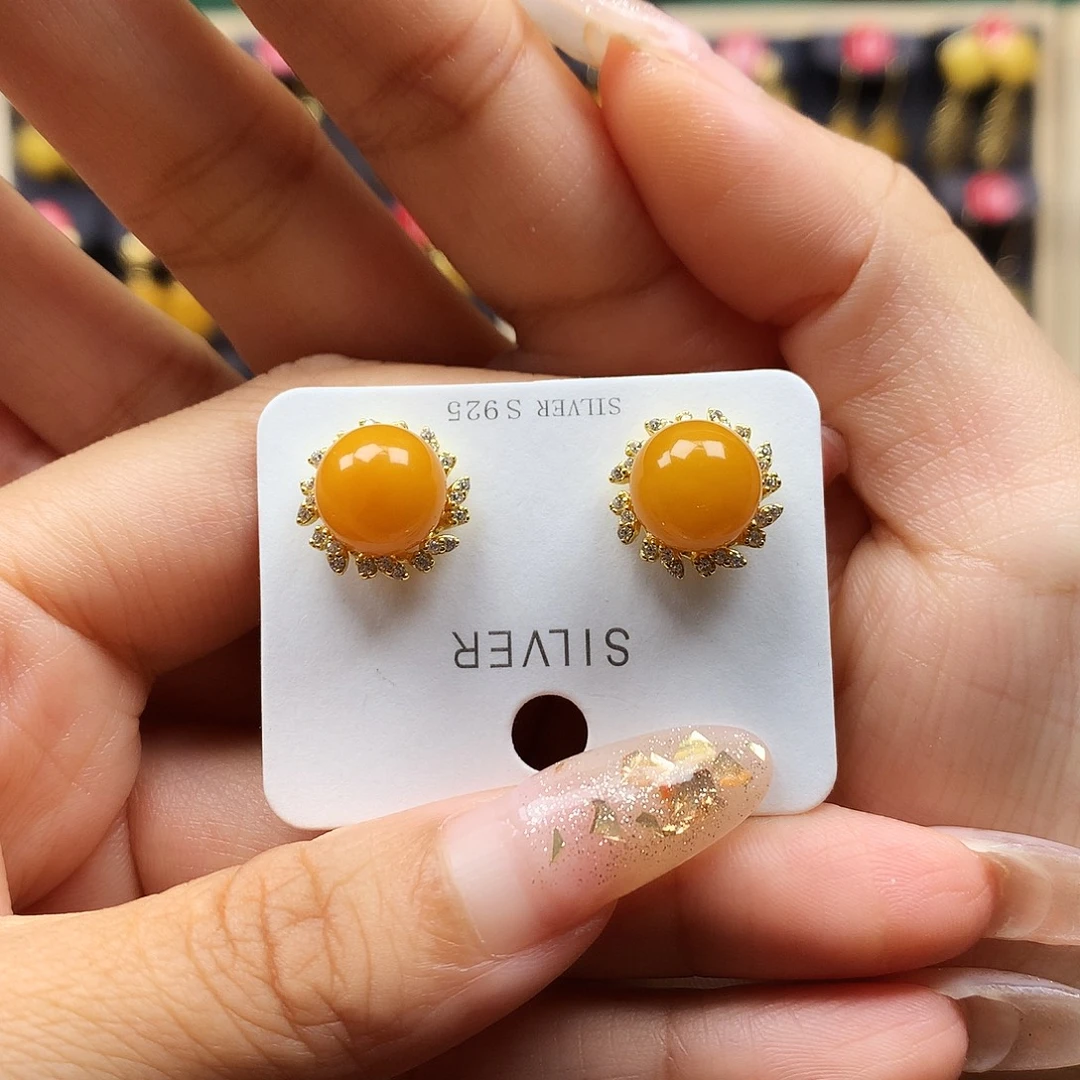 蜜蜡银S925镶嵌耳饰耳钉