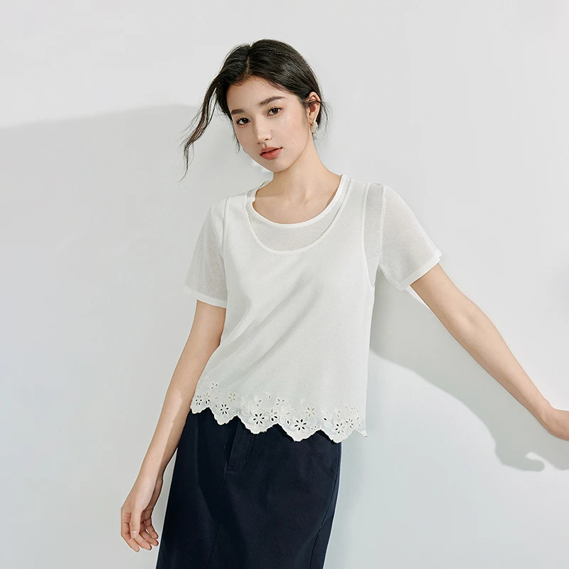 【商场同款新品】茵曼2025夏季假两件镂空刺绣针织衫设计感圆领短袖