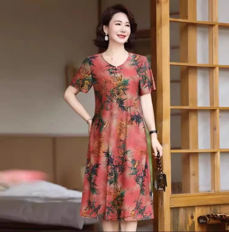 复古度假风印花连衣裙气质显瘦时尚洋气宽松中长款妈妈装花色