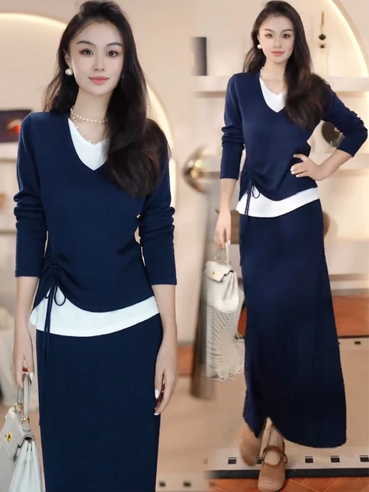 时尚套装裙女秋季新款洋气显瘦假两件针织上衣半身裙气质两件套潮