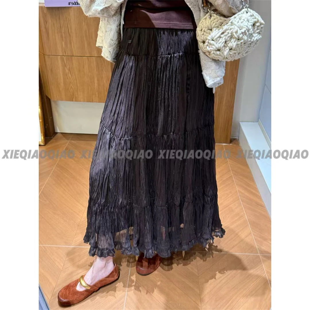 谢荞荞「乌木檀香」秋季新款松紧腰褶皱蛋糕层大裙摆半身长裙