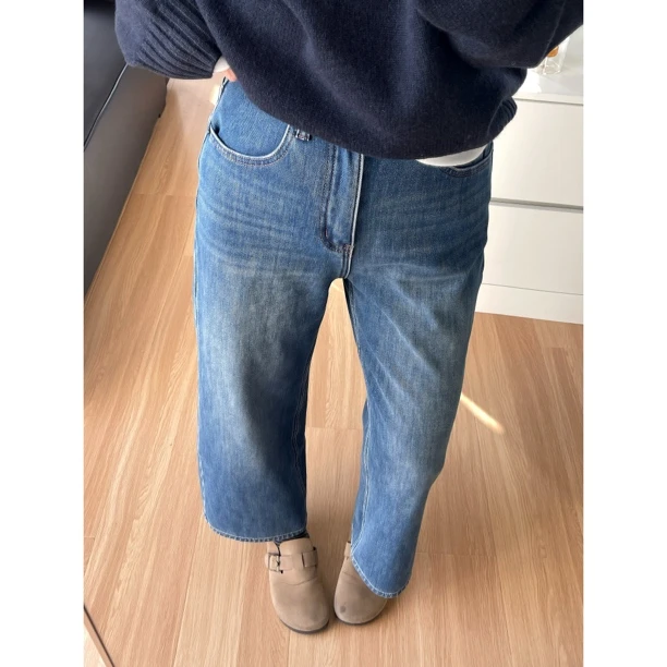 大红-四面弹力加厚高腰复古阔腿牛仔裤女冬季新款显瘦直筒九分裤