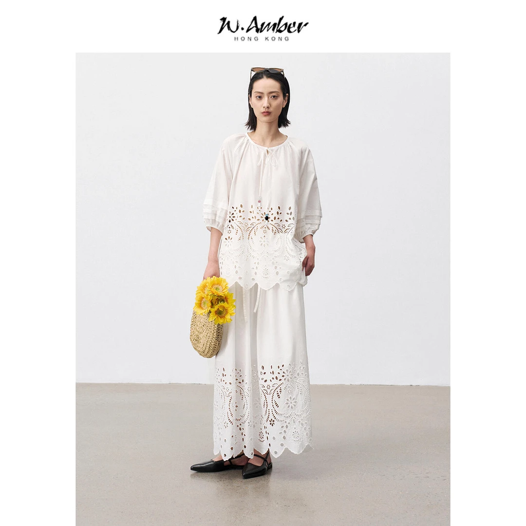 全棉镂空刺绣插肩灯笼袖上衣/松紧腰白色A字半身裙套装女
