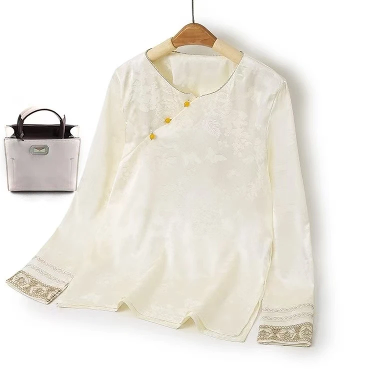 【婉仪~805】新款上衣新中式国风提花手工串珠刺绣圆领斜襟显瘦小衫