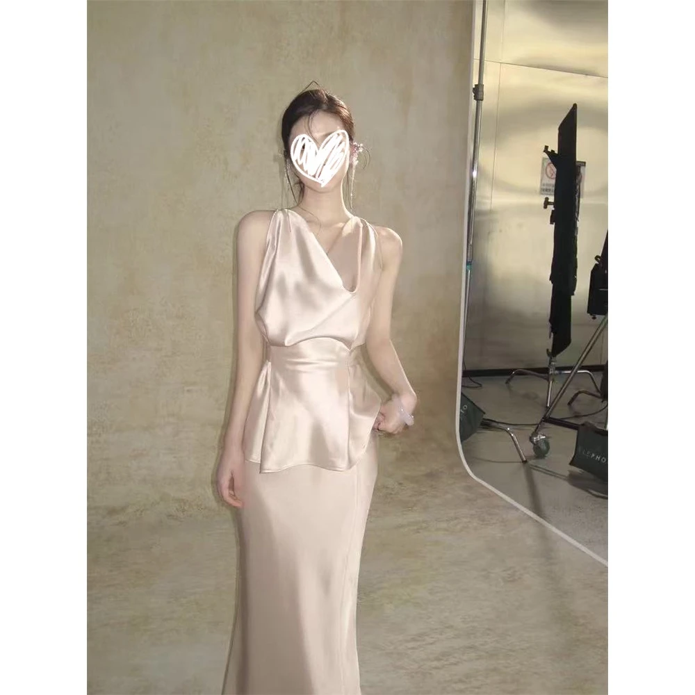 【总统府千金】法式轻奢气质荡领无袖缎面上衣女显瘦鱼尾半裙套装