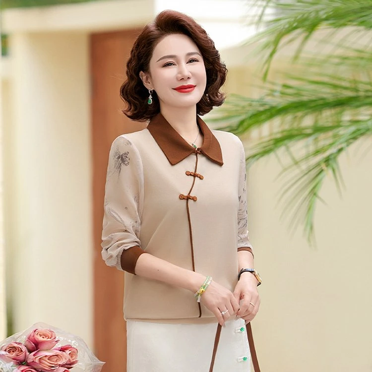 新中式妈妈装春夏新款洋气时尚小衫中老年女装气质款长袖打底衫