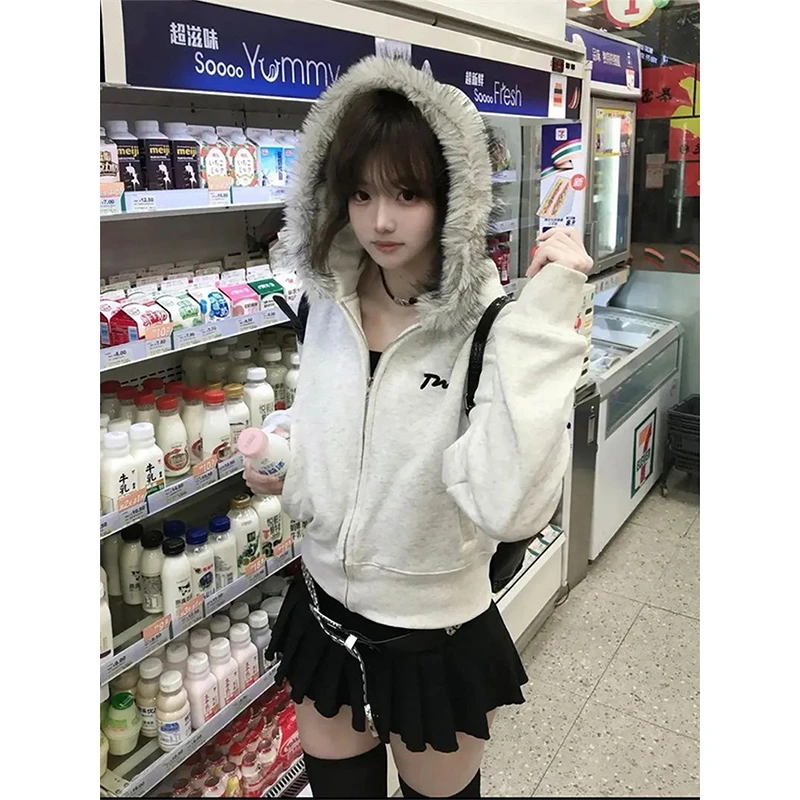 美式复古毛领外套女秋冬季新款加绒加厚保暖休闲百搭连帽开衫卫衣