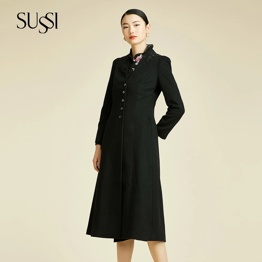 「宠粉节专属款」SUSSI/古色商场同款黑色高级感双面呢长羊毛大衣