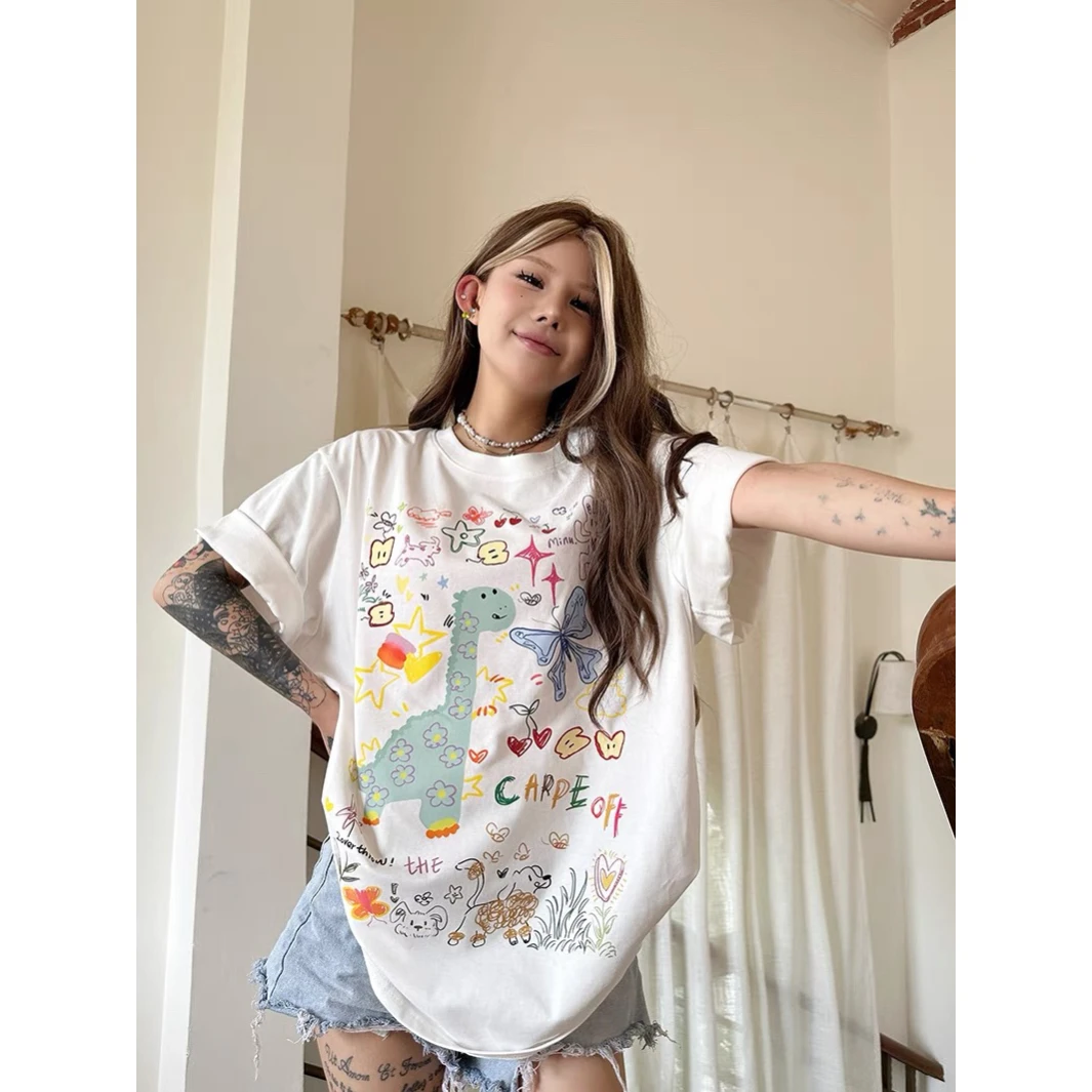 美式学院风复古动物卡通涂鸦宽松纯棉重磅T恤女半袖
