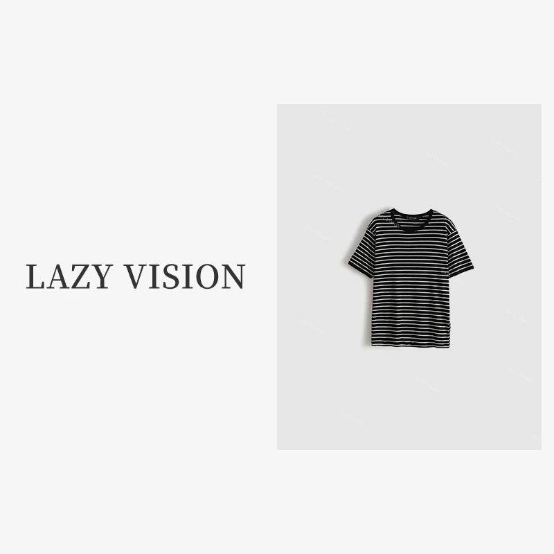 LAZYVISION+夏季新品设计感黑白条纹休闲百搭T恤女ZMD-14451