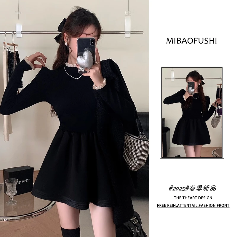【现货】秋季穿搭一整套韩版2025新款氛围高级感连衣裙收腰蓬蓬短裙