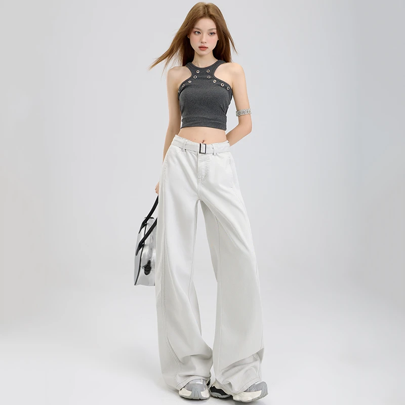 新款高腰慵懒松驰垂感直筒拖地裤子2025秋冬美式高街阔腿牛仔裤女