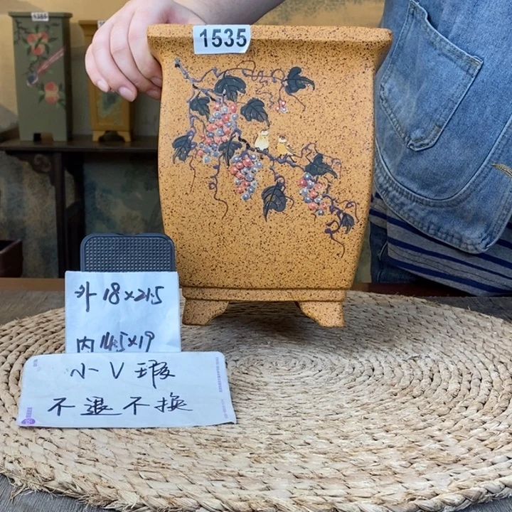 紫砂花盆  微微瑕柴烧葡萄手绘四方1535