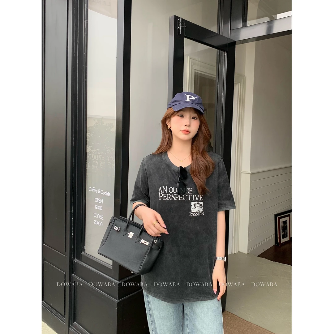 现货大婉酱微胖定制复古黑灰色设计感字母T恤女夏款正肩上衣9068D