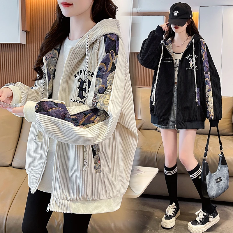 灯芯绒秋季新款国潮连帽外套女大码洋气宽松15学生学院风夹克上衣