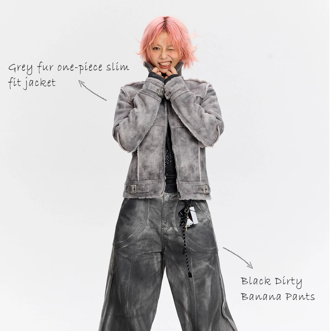 【自播】Oink oink 灰色皮毛一体修身外套复古休闲机车夹克女