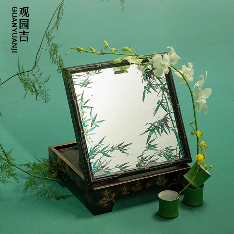 观园吉 玻璃竹影镜原创新中式桌面装饰化妆镜实用