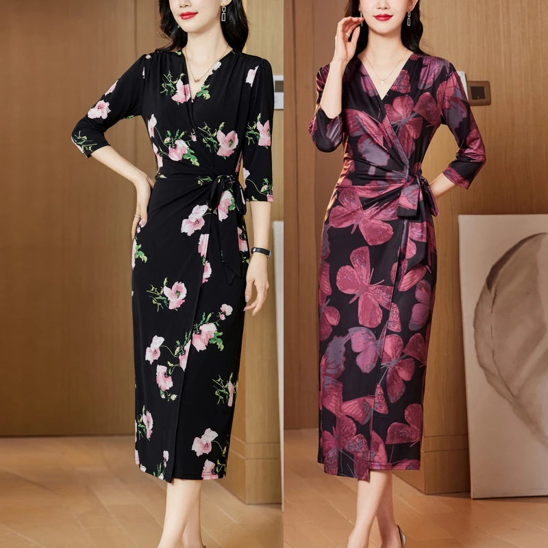 【齐姐高端定制】女神范优雅印花高贵气质连衣裙时尚修身中长裙
