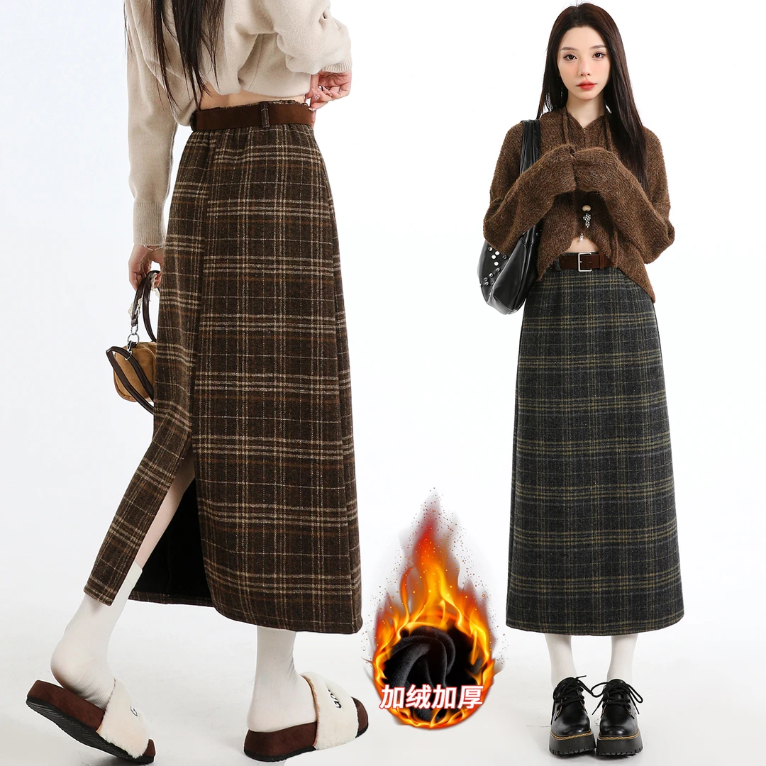 格子毛呢半身裙女秋冬季加绒加厚高腰显瘦a字开叉直筒包臀中长裙
