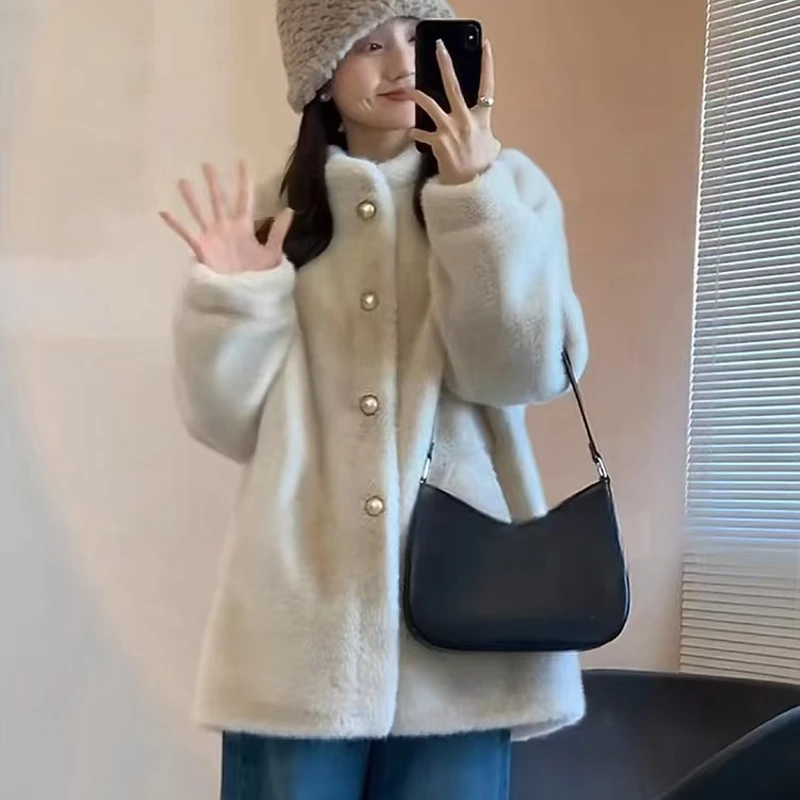 环保毛外套新款一体中长款时尚百搭加绒厚宽松加厚上衣外套 35910