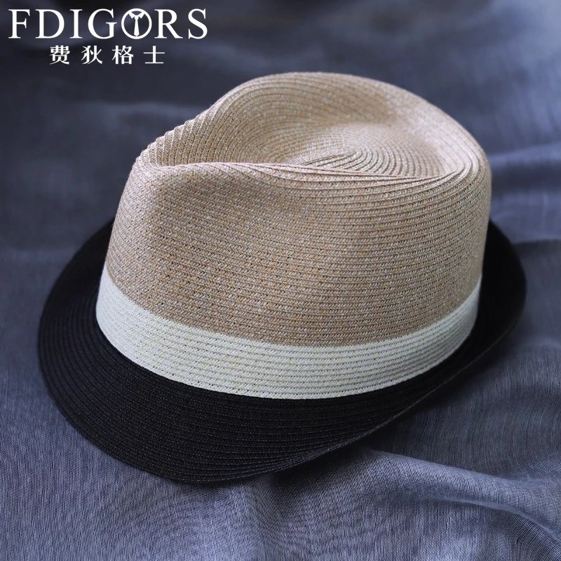 FDIGORS草帽男款夏季草编短帽檐拼色休闲沙滩遮阳巴拿马草帽礼帽