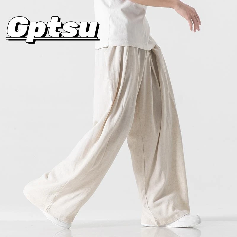 GPTSu亚麻裤子男夏薄款冰丝直筒休闲宽松垂感大码阔腿裤新款棉麻