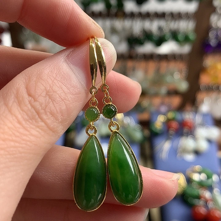 和田玉银S925镶嵌耳饰水滴碧玉