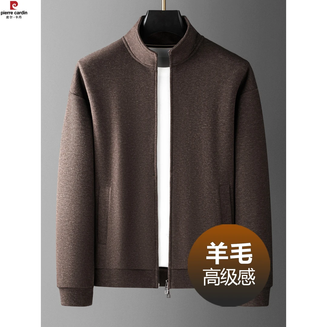 皮尔卡丹秋冬款款男士外套宽松中年商务夹克立领上衣秋季休闲开衫