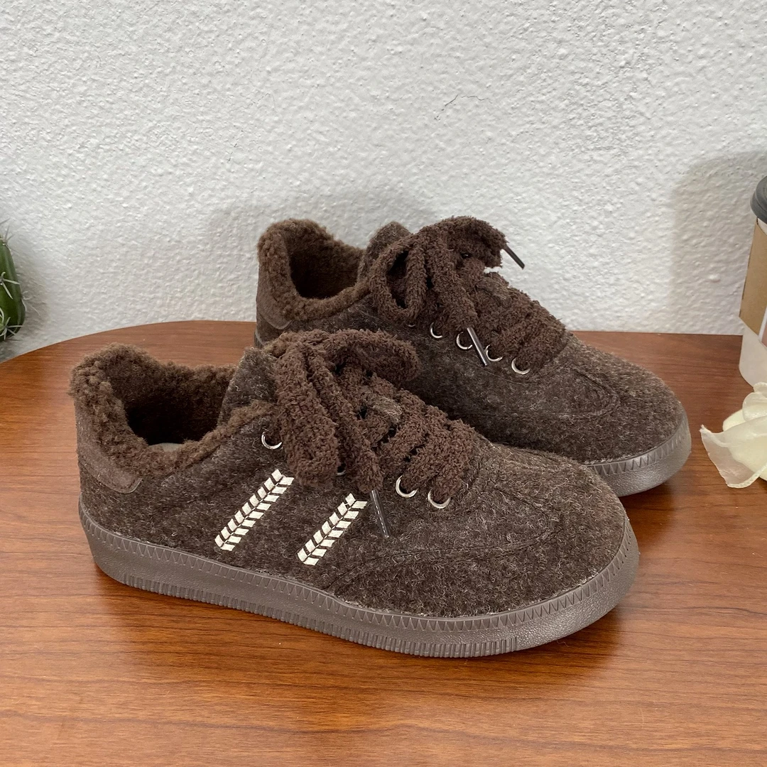 棕色加绒德训毛毛鞋女2025冬季新款软底舒适小众板鞋百搭保暖棉鞋