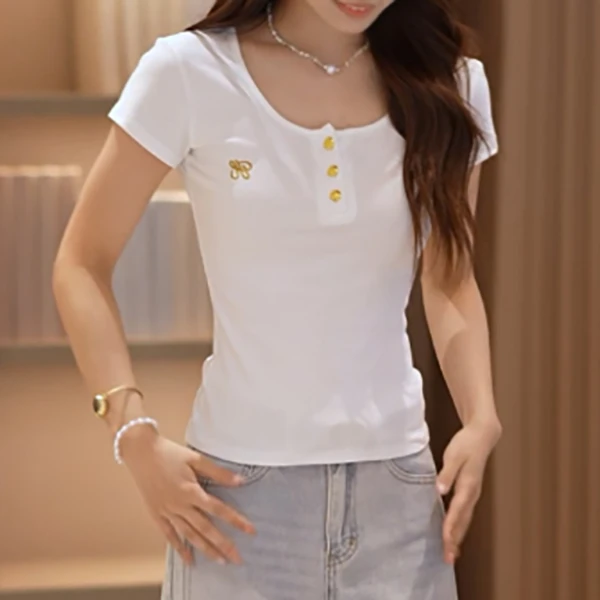 夏季纯色方领通勤U型领圆领短袖T恤性感显瘦气质收腰修身15543