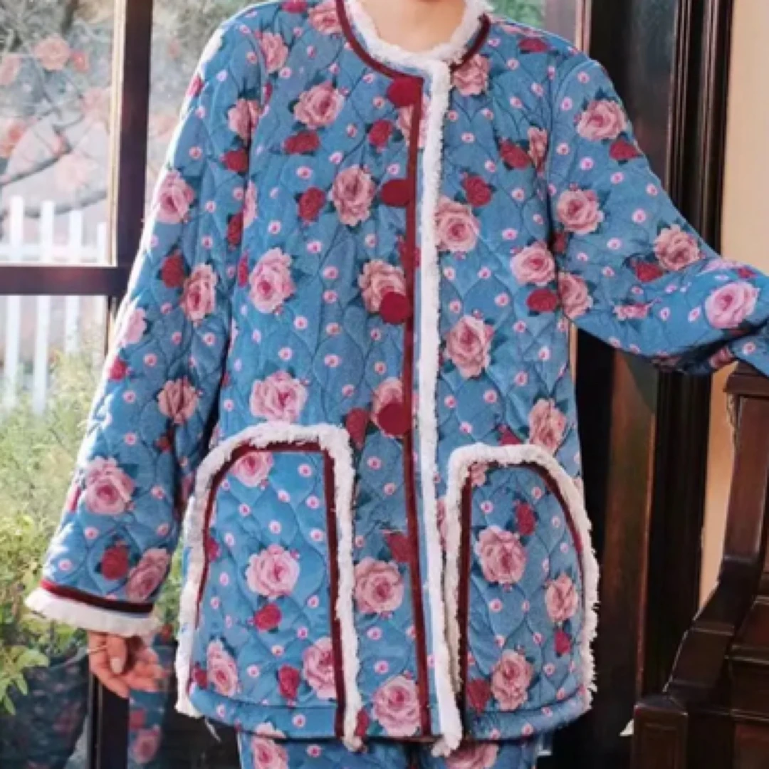原创复古印花流苏玫瑰人生撞色三层夹棉加厚加绒睡衣加棉两件套装