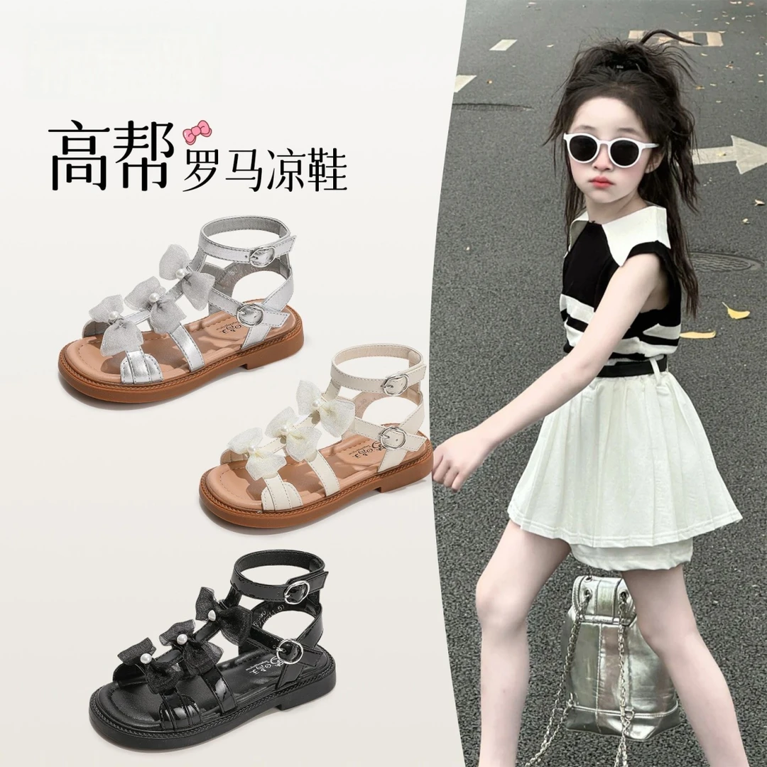 女童凉鞋2025夏季新款洋气蝴蝶结儿童公主鞋高帮软底中大童罗马鞋