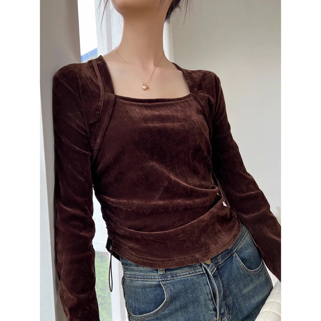 咖色丝绒方领打底衫2025新款女春秋季长袖t恤内搭上衣外穿高级感