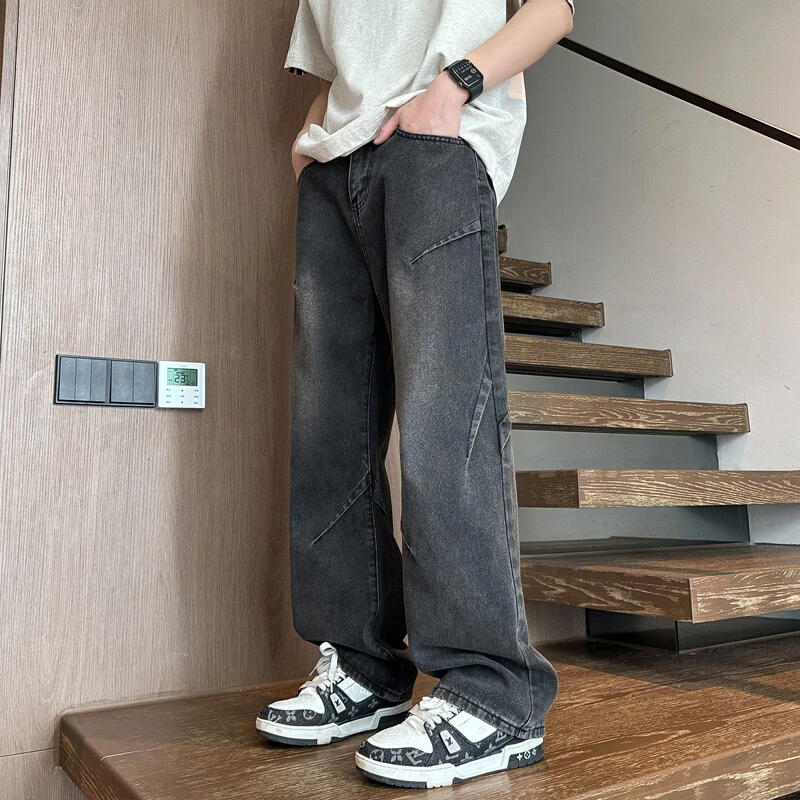 霄桂姿2025春装牛仔裤男青少年潮流水洗复古休闲裤褶皱垂感直筒裤