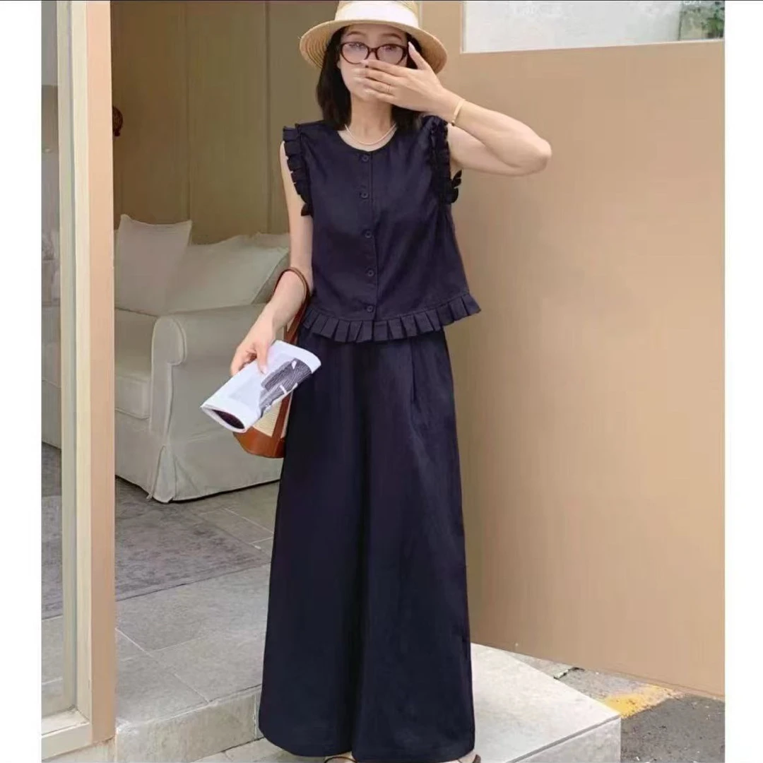 欧货2025夏木耳边无袖马甲背心阔腿休闲裤两件套女套装